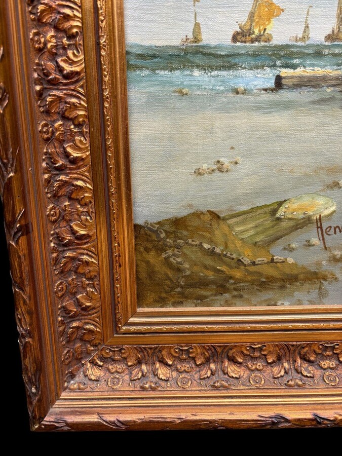 Large decorative painting ‘view of the beach’ oil on canvas 20th century. Beautiful painting depicting a beach scene with people, a horse with a cart and boats after fishing. Oil on canvas