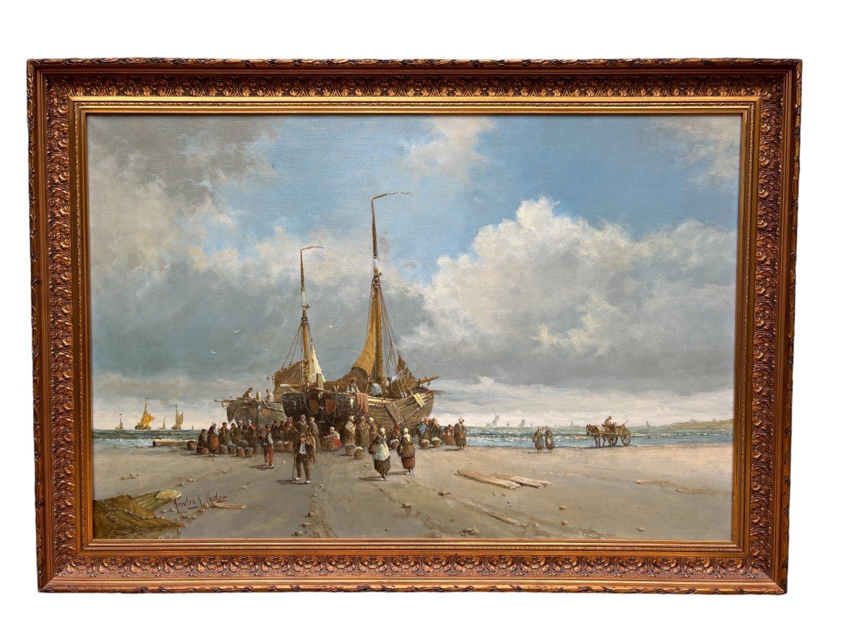 Large decorative painting ‘view of the beach’ oil on canvas 20th century. Beautiful painting depicting a beach scene with people, a horse with a cart and boats after fishing. Oil on canvas