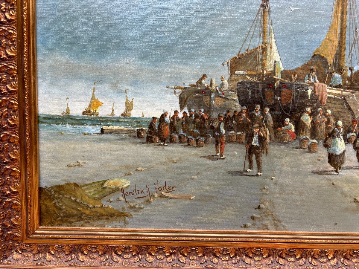 Large decorative painting ‘view of the beach’ oil on canvas 20th century. Beautiful painting depicting a beach scene with people, a horse with a cart and boats after fishing. Oil on canvas