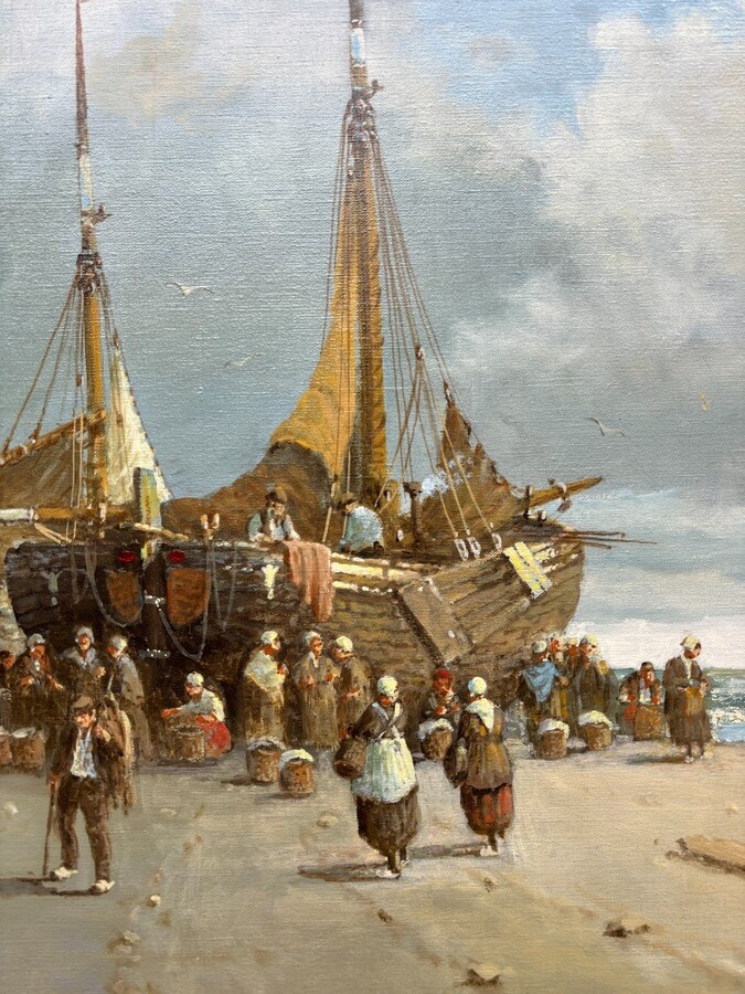 Large decorative painting ‘view of the beach’ oil on canvas 20th century. Beautiful painting depicting a beach scene with people, a horse with a cart and boats after fishing. Oil on canvas