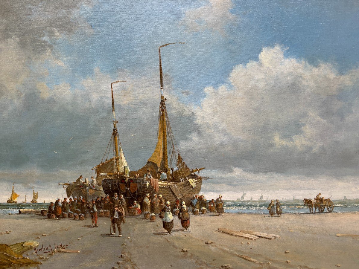 Large decorative painting ‘view of the beach’ oil on canvas 20th century. Beautiful painting depicting a beach scene with people, a horse with a cart and boats after fishing. Oil on canvas