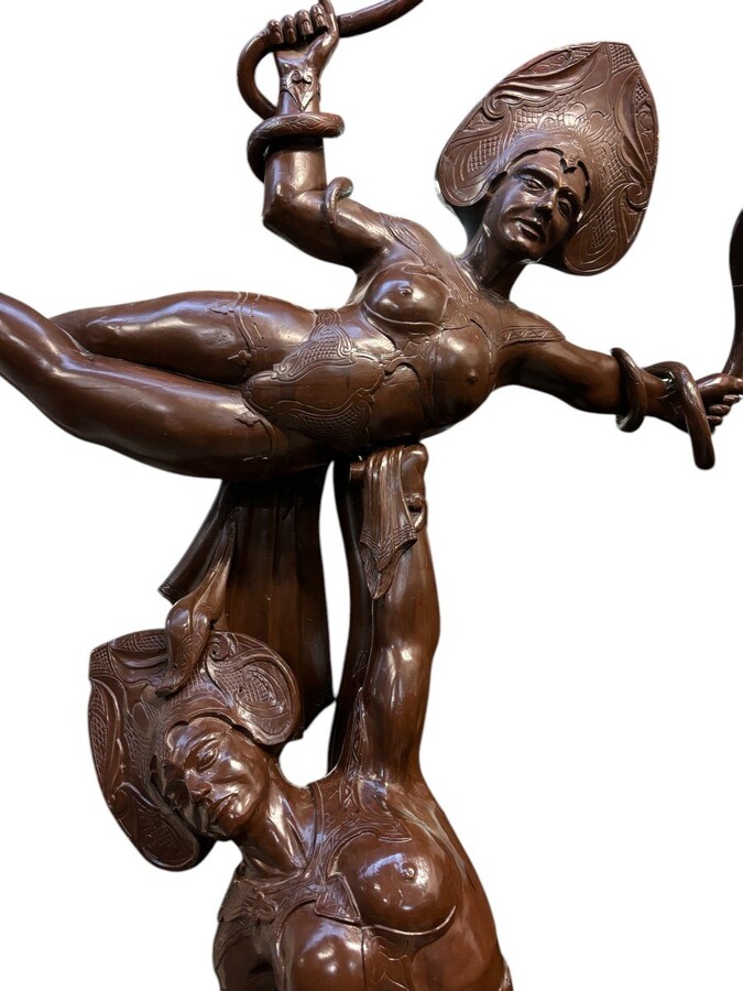 Large decorative wooden sculpture ‘pair of dancers’ early 20th century Special Art Nouveau style wooden sculpture, finely detailed, depicting 2 ladies dancing with 2 snakes standing on a large round wooden base.