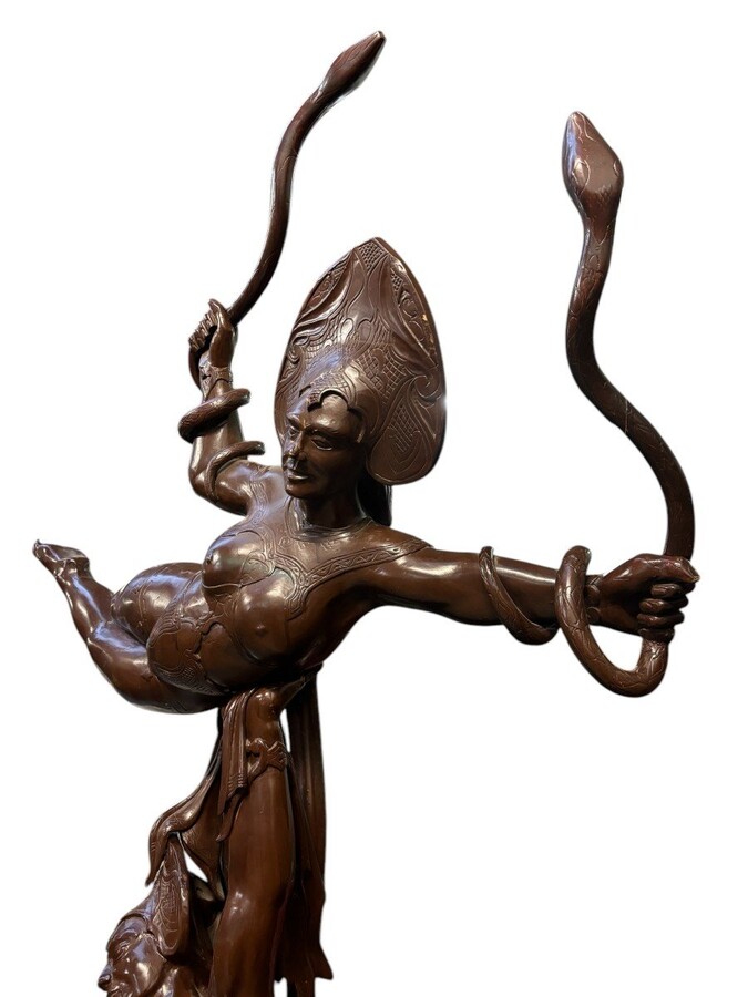 Large decorative wooden sculpture ‘pair of dancers’ early 20th century Special Art Nouveau style wooden sculpture, finely detailed, depicting 2 ladies dancing with 2 snakes standing on a large round wooden base.