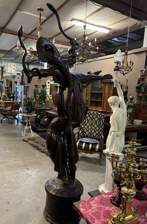 Large decorative wooden sculpture ‘pair of dancers’ early 20th century Special Art Nouveau style wooden sculpture, finely detailed, depicting 2 ladies dancing with 2 snakes standing on a large round wooden base.