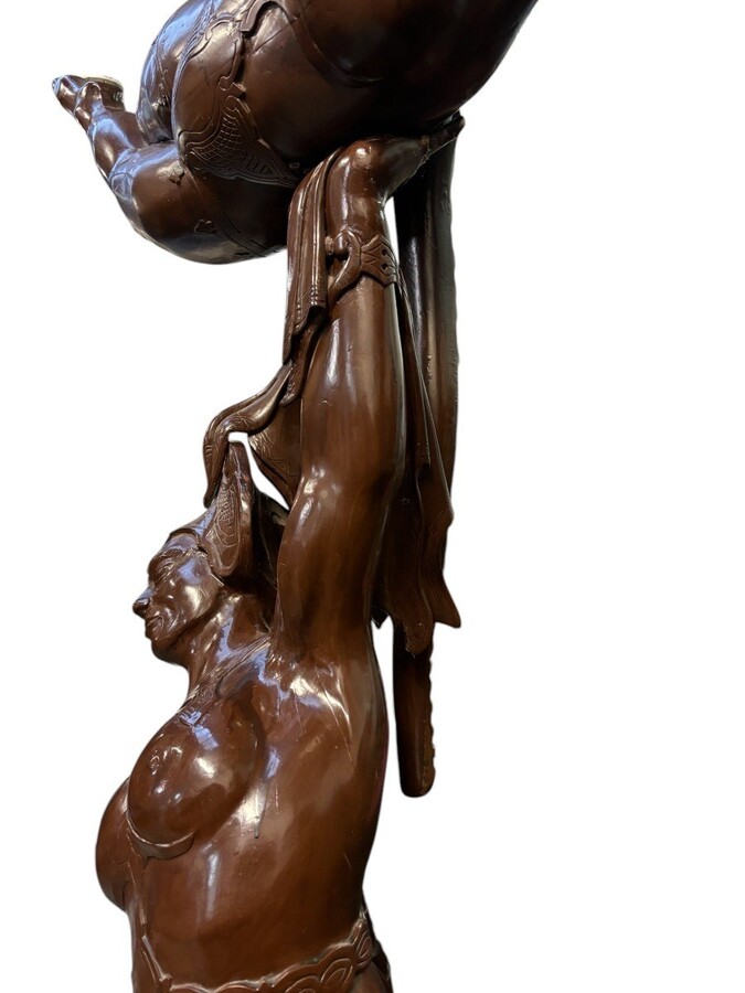 Large decorative wooden sculpture ‘pair of dancers’ early 20th century Special Art Nouveau style wooden sculpture, finely detailed, depicting 2 ladies dancing with 2 snakes standing on a large round wooden base.