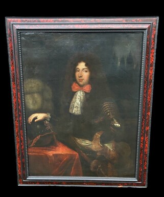 Large portrait of King Louis XIV, oil on canvas, 17th century. Very beautiful large painting representing the king of France Louis XIV ( 1638-1715 ) posing in armour with a beautifully feathered helmet beside him on a table. A landscape can be seen in the