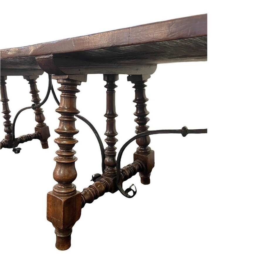 Large Spanish 6-legged walnut table 17th century Nice solid table with 6 legs, 2 connecting irons and a thick walnut top with a beautiful patina. Dimensions : Width : 266 cm Height : 76 cm Depth : 73 cm Thickness top : 4 cm Exceptional Spanish table