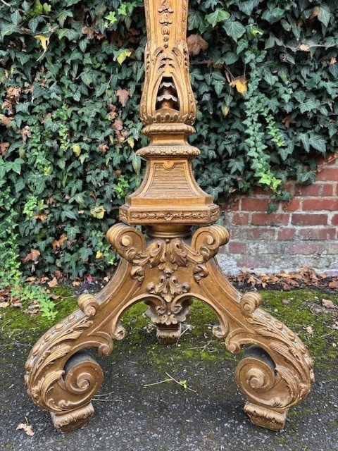 Large Torchère style Regence in gilt wood 19th century. Decorative torchère with openwork stem , decorated with ornaments , scrolls and tassels standing on 3 large scrolled legs. Dimensions : Height : 166 cm Width : 62 cm Depth : 56 cm 