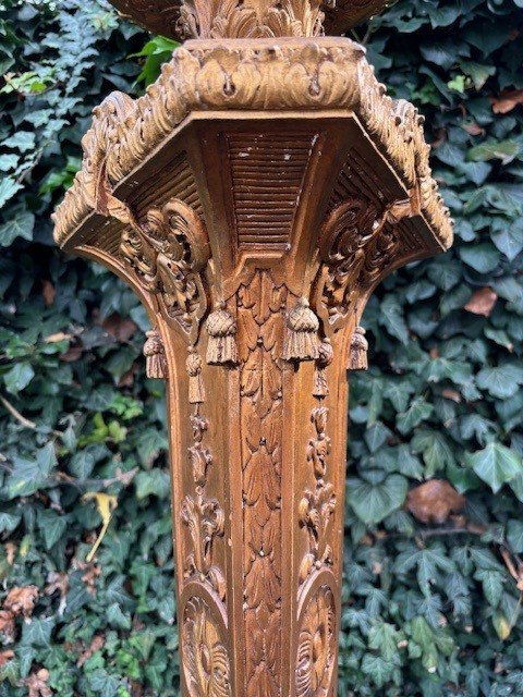 Large Torchère style Regence in gilt wood 19th century. Decorative torchère with openwork stem , decorated with ornaments , scrolls and tassels standing on 3 large scrolled legs. Dimensions : Height : 166 cm Width : 62 cm Depth : 56 cm 