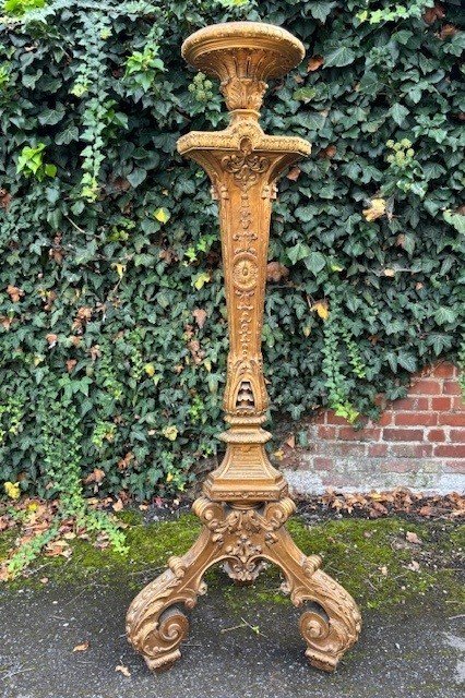 Large Torchère style Regence in gilt wood 19th century. Decorative torchère with openwork stem , decorated with ornaments , scrolls and tassels standing on 3 large scrolled legs. Dimensions : Height : 166 cm Width : 62 cm Depth : 56 cm 