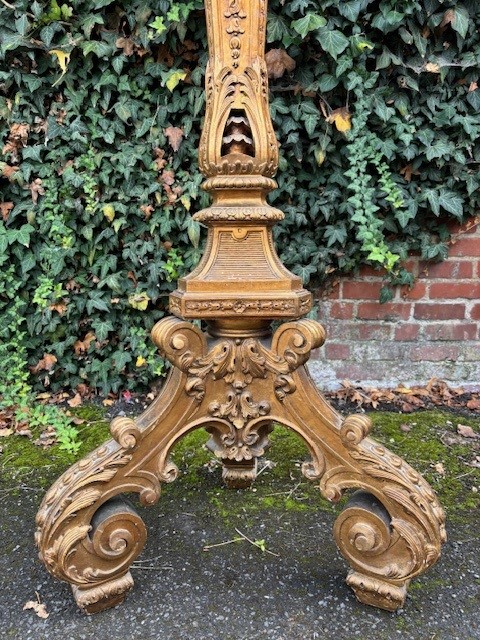 Large Torchère style Regence in gilt wood 19th century. Decorative torchère with openwork stem , decorated with ornaments , scrolls and tassels standing on 3 large scrolled legs.  Dimensions : Height : 166 cm Width : 62 cm Depth : 56 cm Torchère in good c