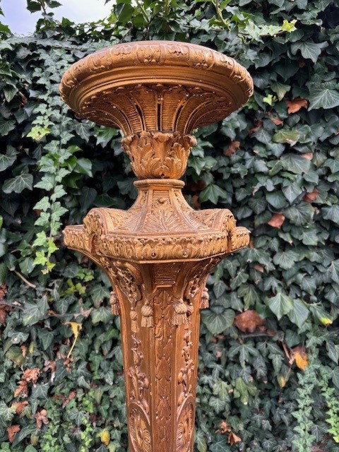 Large Torchère style Regence in gilt wood 19th century. Decorative torchère with openwork stem , decorated with ornaments , scrolls and tassels standing on 3 large scrolled legs.  Dimensions : Height : 166 cm Width : 62 cm Depth : 56 cm Torchère in good c