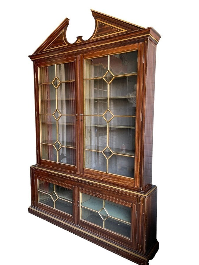 Large Very decorative 4-door library circa 1900 Nice large painted Library in Empire style consisting of 2 parts with following dimensions : Height : 280 cm ( 243 without tympanum ) Width : 199 cm Depth upper part : 26 cm Depth bottom : 36 cm