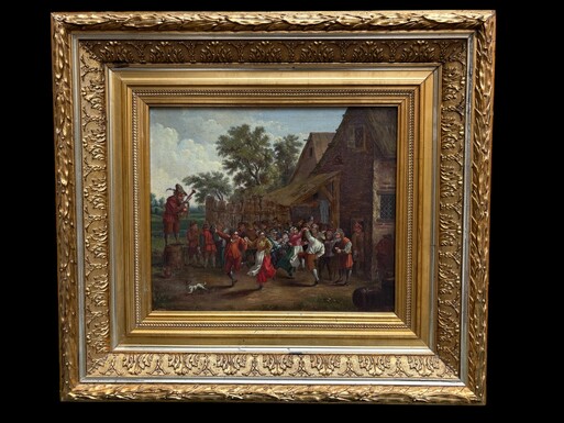 Nice painting ‘peasant village fete’ oil on panel 19th century Painting, signed, depicting a peasant village fete with people dancing and playing music against a landscape in the style of the 17th century. 