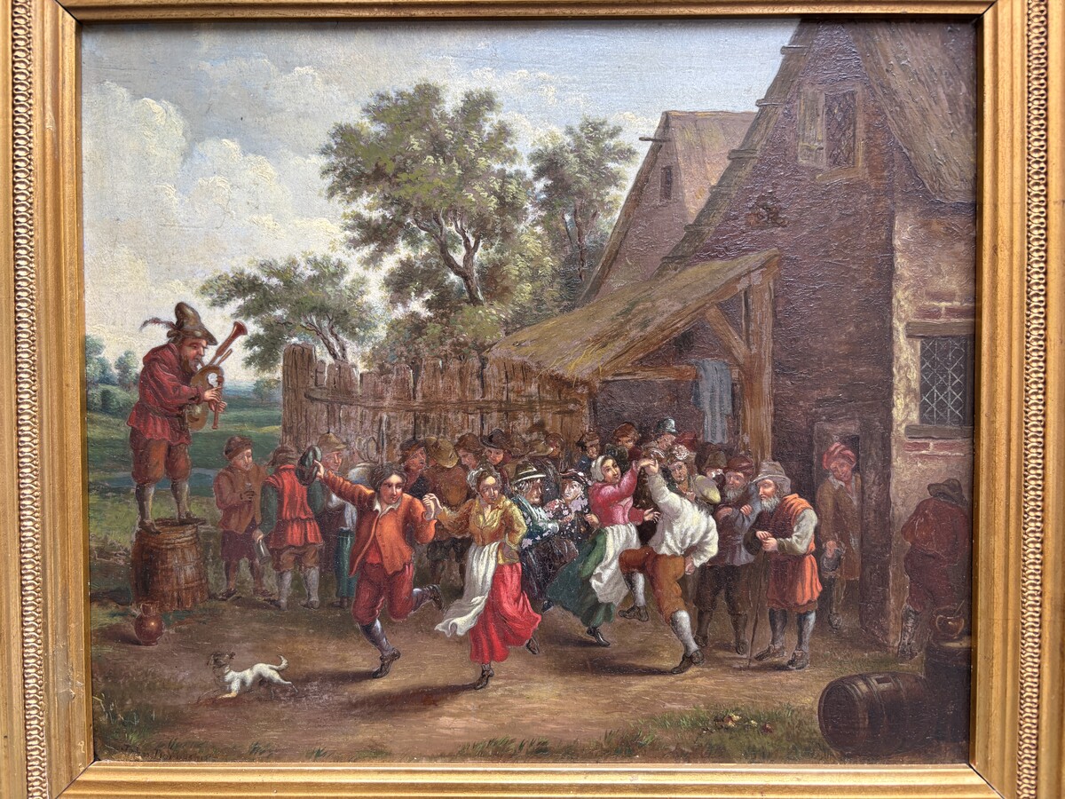 Nice painting ‘peasant village fete’ oil on panel 19th century Painting, signed, depicting a peasant village fete with people dancing and playing music against a landscape in the style of the 17th century. 