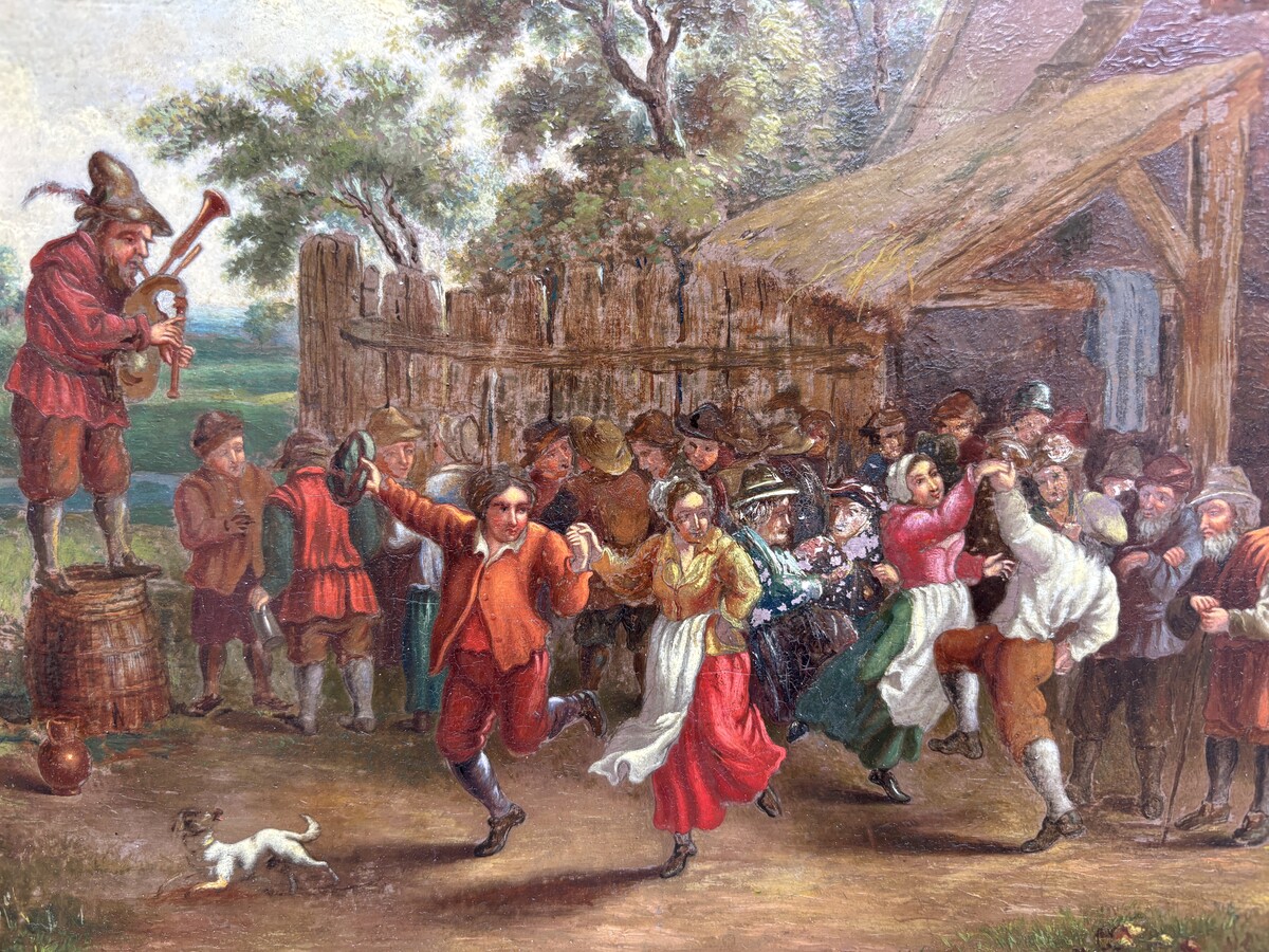 Nice painting ‘peasant village fete’ oil on panel 19th century Painting, signed, depicting a peasant village fete with people dancing and playing music against a landscape in the style of the 17th century. 