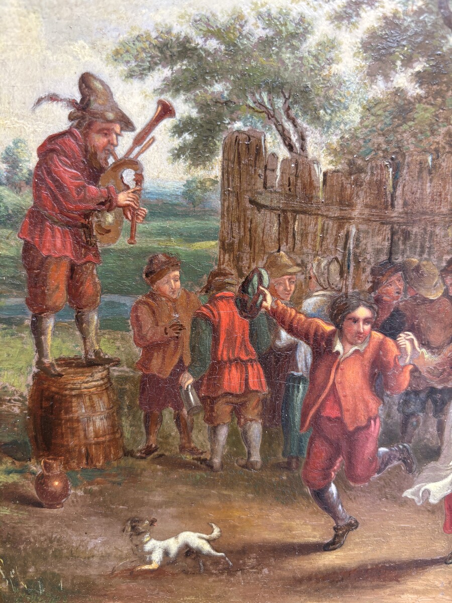 Nice painting ‘peasant village fete’ oil on panel 19th century Painting, signed, depicting a peasant village fete with people dancing and playing music against a landscape in the style of the 17th century. 