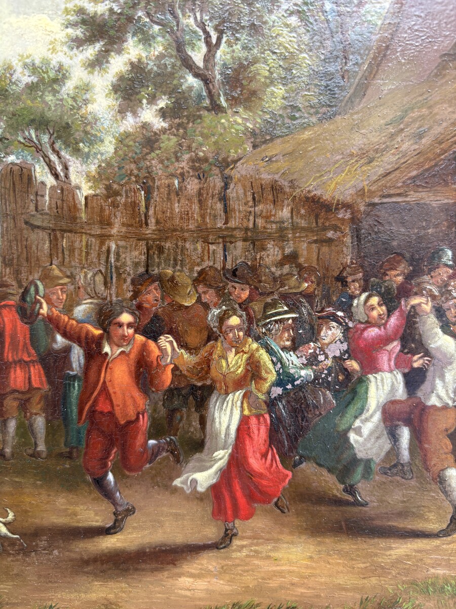 Nice painting ‘peasant village fete’ oil on panel 19th century Painting, signed, depicting a peasant village fete with people dancing and playing music against a landscape in the style of the 17th century. 