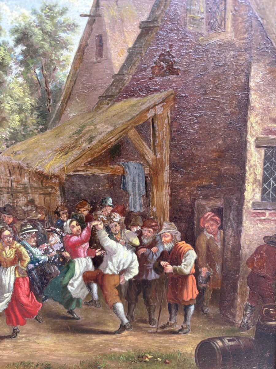 Nice painting ‘peasant village fete’ oil on panel 19th century Painting, signed, depicting a peasant village fete with people dancing and playing music against a landscape in the style of the 17th century. 