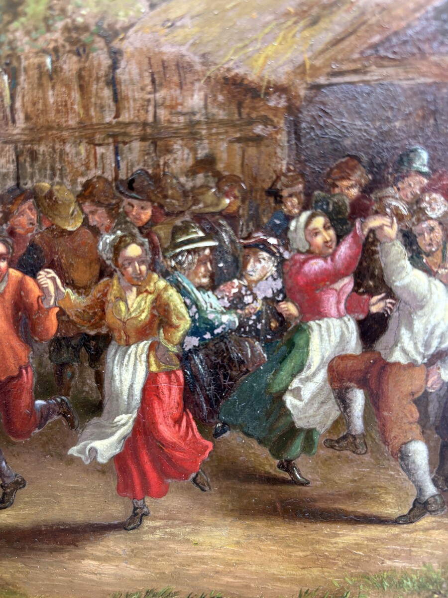 Nice painting ‘peasant village fete’ oil on panel 19th century Painting, signed, depicting a peasant village fete with people dancing and playing music against a landscape in the style of the 17th century. 