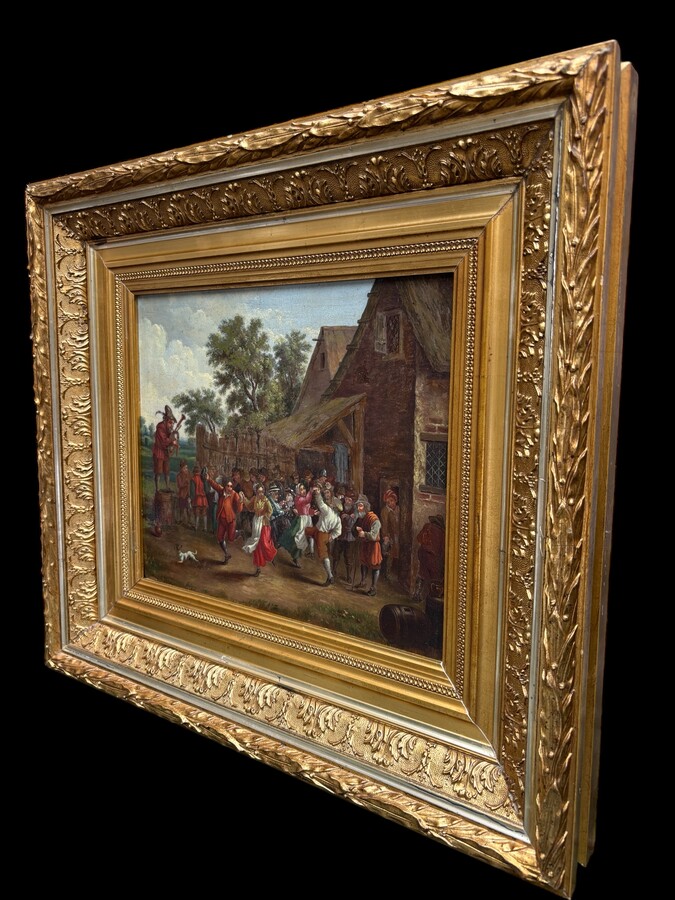 Nice painting ‘peasant village fete’ oil on panel 19th century Painting, signed, depicting a peasant village fete with people dancing and playing music against a landscape in the style of the 17th century. 