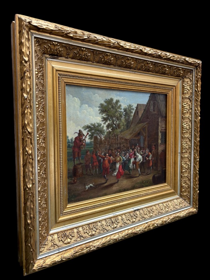 Nice painting ‘peasant village fete’ oil on panel 19th century Painting, signed, depicting a peasant village fete with people dancing and playing music against a landscape in the style of the 17th century. 