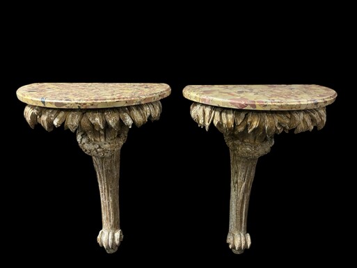 Pair of 19th century ‘Roseau’ wall brackets in patinated wood. Very decorative gilded wood brackets.  Top in Breche d'Alep marble.  Dimensions : Height : 87 cm Width : 64 cm Depth : 37 cm Both in good condition