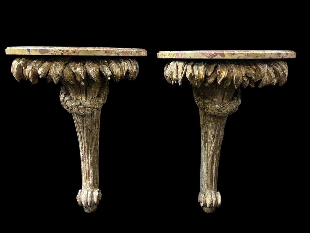 Pair of 19th century ‘Roseau’ wall brackets in patinated wood. Very decorative gilded wood brackets.  Top in Breche d'Alep marble.  Dimensions : Height : 87 cm Width : 64 cm Depth : 37 cm Both in good condition