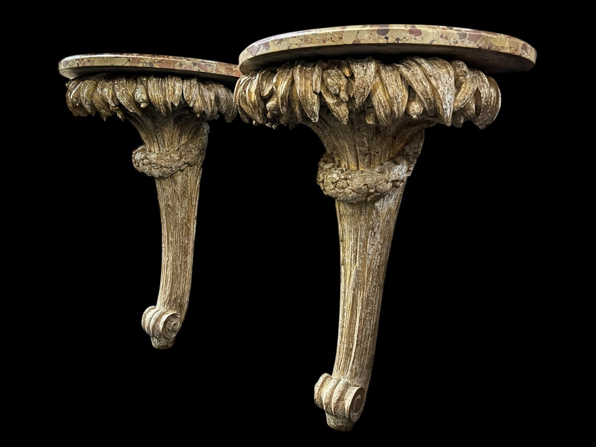 Pair of 19th century ‘Roseau’ wall brackets in patinated wood. Very decorative gilded wood brackets.  Top in Breche d'Alep marble.  Dimensions : Height : 87 cm Width : 64 cm Depth : 37 cm Both in good condition