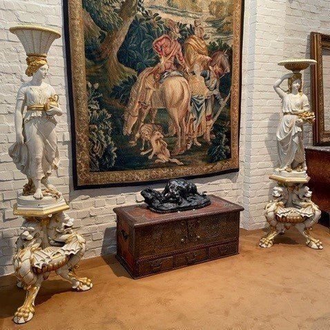 Pair of beautiful 19thc entury wooden pedestal sculptures. Very decorative female figures, finely carved in white with golden accents, resting on magnificent pedestals.