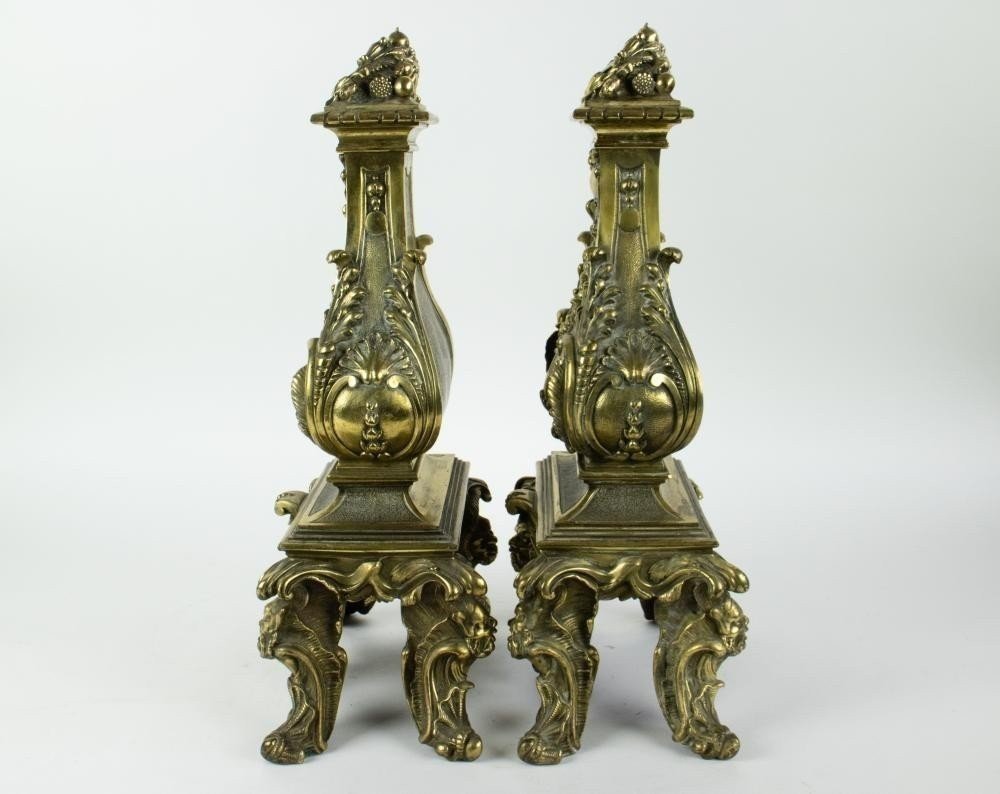 Pair Of Bronze Castle Chenets Early 19th Century. Very High Quality Bronze With Beautiful Decorations. Chenets Are Signed Seghers Castelle 783 Iron Supports Missing Height : 52 Cm