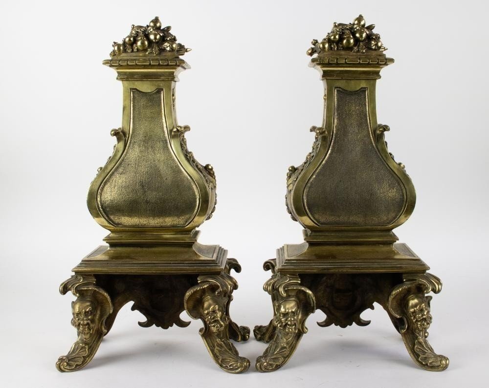 Pair Of Bronze Castle Chenets Early 19th Century. Very High Quality Bronze With Beautiful Decorations. Chenets Are Signed Seghers Castelle 783 Iron Supports Missing Height : 52 Cm