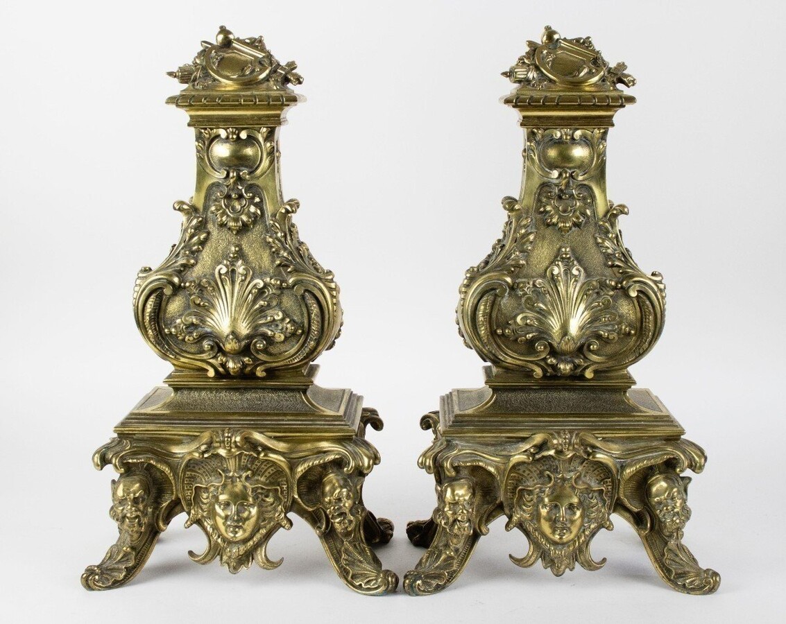 Pair Of Bronze Castle Chenets Early 19th Century. Very High Quality Bronze With Beautiful Decorations. Chenets Are Signed Seghers Castelle 783 Iron Supports Missing Height : 52 Cm