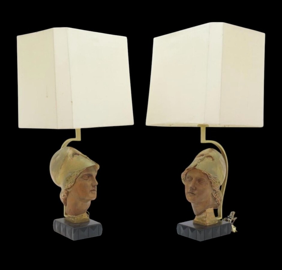 Pair of decorative lampadaires ‘ head of Athena ’ in wood 20th century Highly decorative lamp bases in wood with gold accents / copper standing on a black lacquer base in wood. 