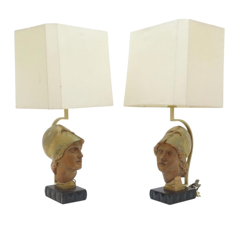 Pair of decorative lampadaires ‘ head of Athena ’ in wood 20th century Highly decorative lamp bases in wood with gold accents / copper standing on a black lacquer base in wood. 