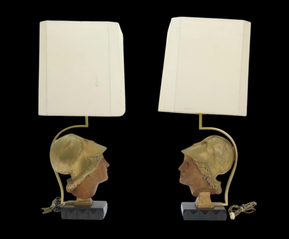 Pair of decorative lampadaires ‘ head of Athena ’ in wood 20th century Highly decorative lamp bases in wood with gold accents / copper standing on a black lacquer base in wood. 