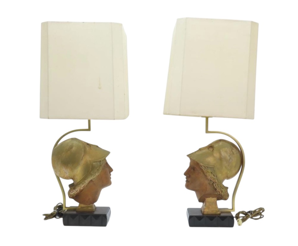 Pair of decorative lampadaires ‘ head of Athena ’ in wood 20th century Highly decorative lamp bases in wood with gold accents / copper standing on a black lacquer base in wood. 