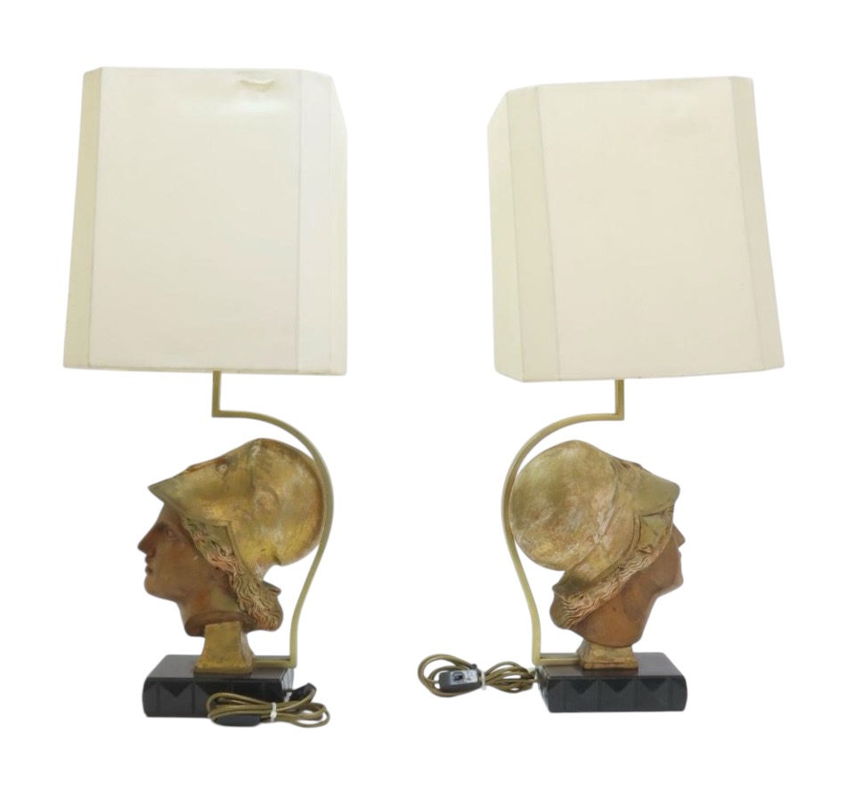 Pair of decorative lampadaires ‘ head of Athena ’ in wood 20th century Highly decorative lamp bases in wood with gold accents / copper standing on a black lacquer base in wood. 