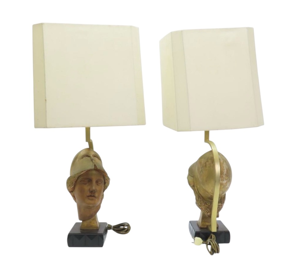 Pair of decorative lampadaires ‘ head of Athena ’ in wood 20th century Highly decorative lamp bases in wood with gold accents / copper standing on a black lacquer base in wood. 