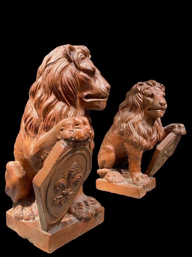 Pair of decorative lions with shields in terra cotta Beautiful pair of lions from Florence Italy from around 1900-1920. Both in good condition with some minor defects.