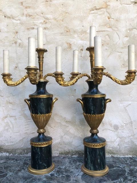 Pair Of Decorative Swedish Candlesticks. Vase Model In Gilded Bronze / Marbled Metal 4 Light Points ( Check ) Swedish , Around 1900-1920 Of Very Good Quality.