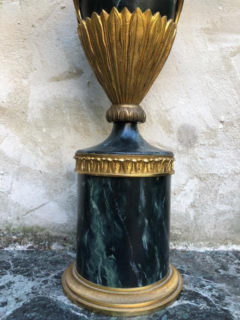 Pair Of Decorative Swedish Candlesticks. Vase Model In Gilded Bronze / Marbled Metal 4 Light Points ( Check ) Swedish , Around 1900-1920 Of Very Good Quality.