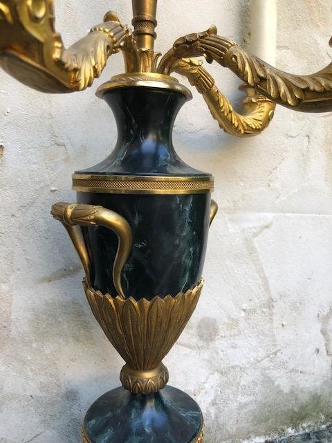 Pair Of Decorative Swedish Candlesticks. Vase Model In Gilded Bronze / Marbled Metal 4 Light Points ( Check ) Swedish , Around 1900-1920 Of Very Good Quality.