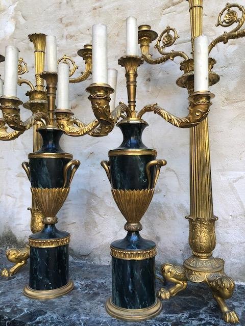 Pair Of Decorative Swedish Candlesticks. Vase Model In Gilded Bronze / Marbled Metal 4 Light Points ( Check ) Swedish , Around 1900-1920 Of Very Good Quality.