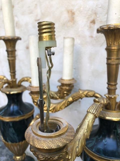 Pair Of Decorative Swedish Candlesticks. Vase Model In Gilded Bronze / Marbled Metal 4 Light Points ( Check ) Swedish , Around 1900-1920 Of Very Good Quality.