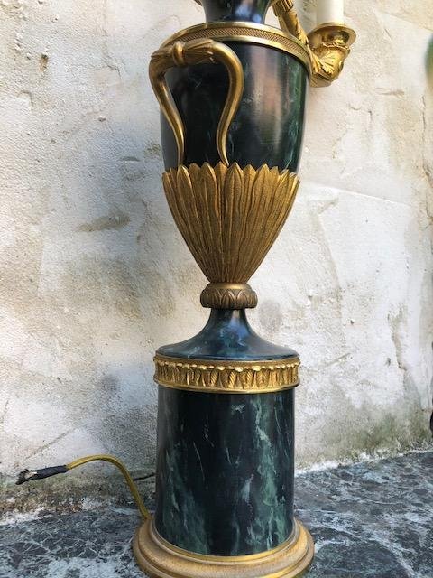 Pair Of Decorative Swedish Candlesticks. Vase Model In Gilded Bronze / Marbled Metal 4 Light Points ( Check ) Swedish , Around 1900-1920 Of Very Good Quality.