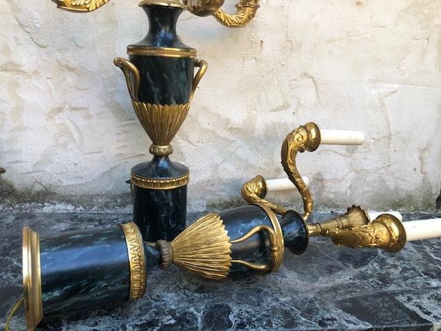 Pair Of Decorative Swedish Candlesticks. Vase Model In Gilded Bronze / Marbled Metal 4 Light Points ( Check ) Swedish , Around 1900-1920 Of Very Good Quality.