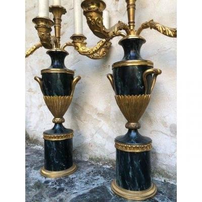 Pair Of Decorative Swedish Candlesticks. Vase Model In Gilded Bronze / Marbled Metal 4 Light Points ( Check ) Swedish , Around 1900-1920 Of Very Good Quality.