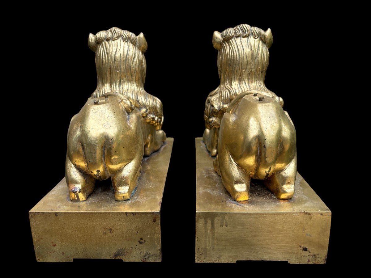 Pair of gilt bronze lions on plinth early 19th century. Very decorative lions formerly served as the leg of a very large candlestick or furniture. Very suitable to make them into beautiful lamp bases or just to put down as decorative objects.