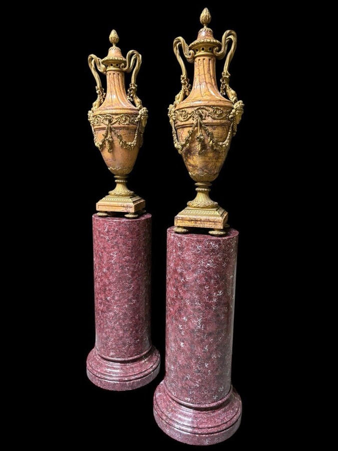 Pair of large castle vases in marble and gilt bronze 19thC. ( 80 cm ) Vases of very high quality with a height of 80 cm! In good condition with some flaws ( 1 lid needs restoration and 1 piece of bronze is missing ). Dimensions : Height : 80 cm